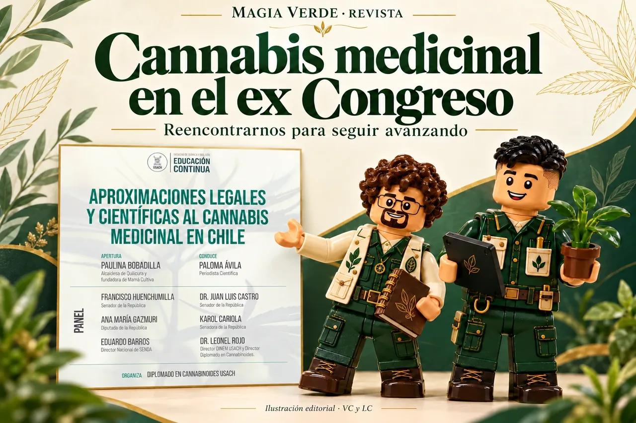 Ilustración editorial de VC y LC junto al afiche de la conferencia sobre cannabis medicinal en el ex Congreso. Los personajes acompañan la crónica y no son un registro documental de asistencia.