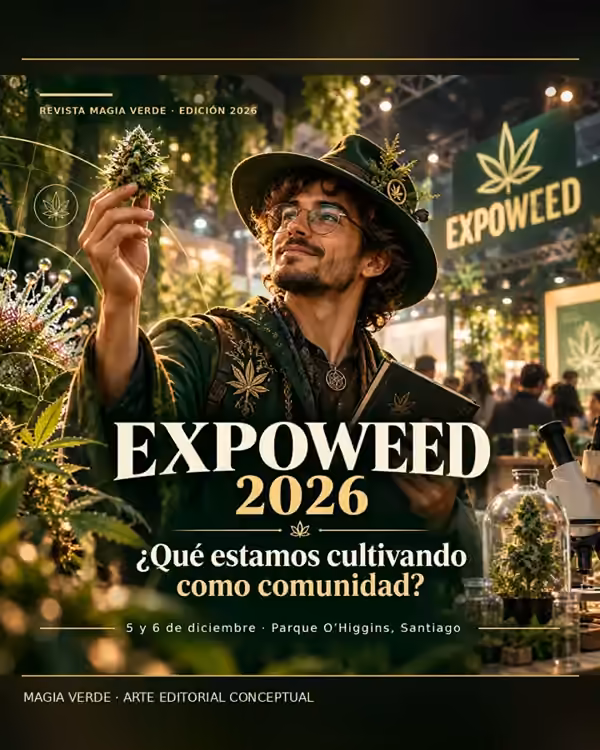 Ilustración conceptual del Mago Cultivador en un ambiente inspirado en EXPOWEED 2026; no representa una fotografía del evento ni una participación confirmada.