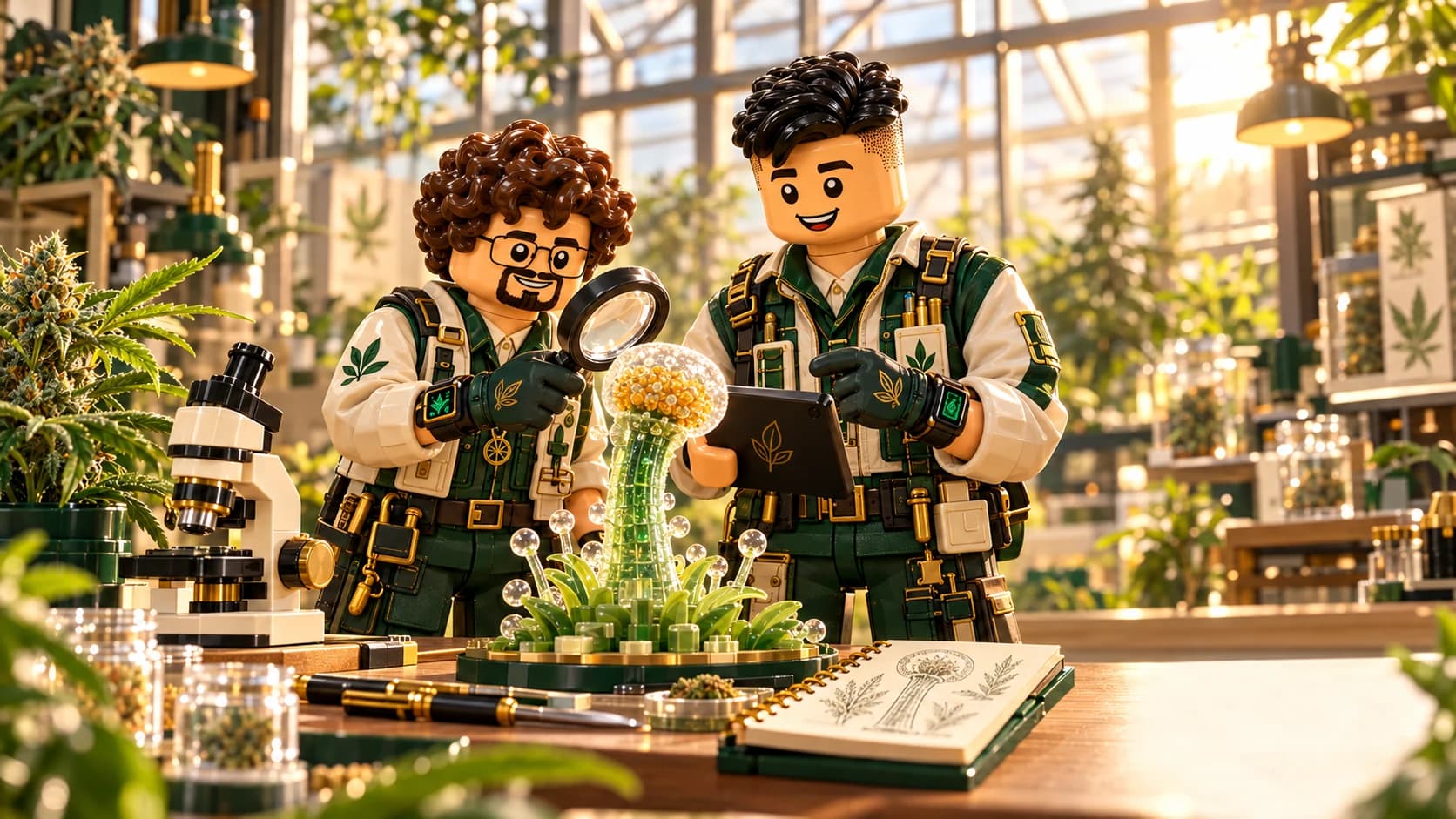 Víctor y Lucas, personajes de bloques de Magia Verde, investigan un modelo educativo de tricoma en su laboratorio botánico.